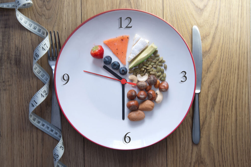 Clock plate of keto foods with 70% fat, 20%  protein and 10 % carbs