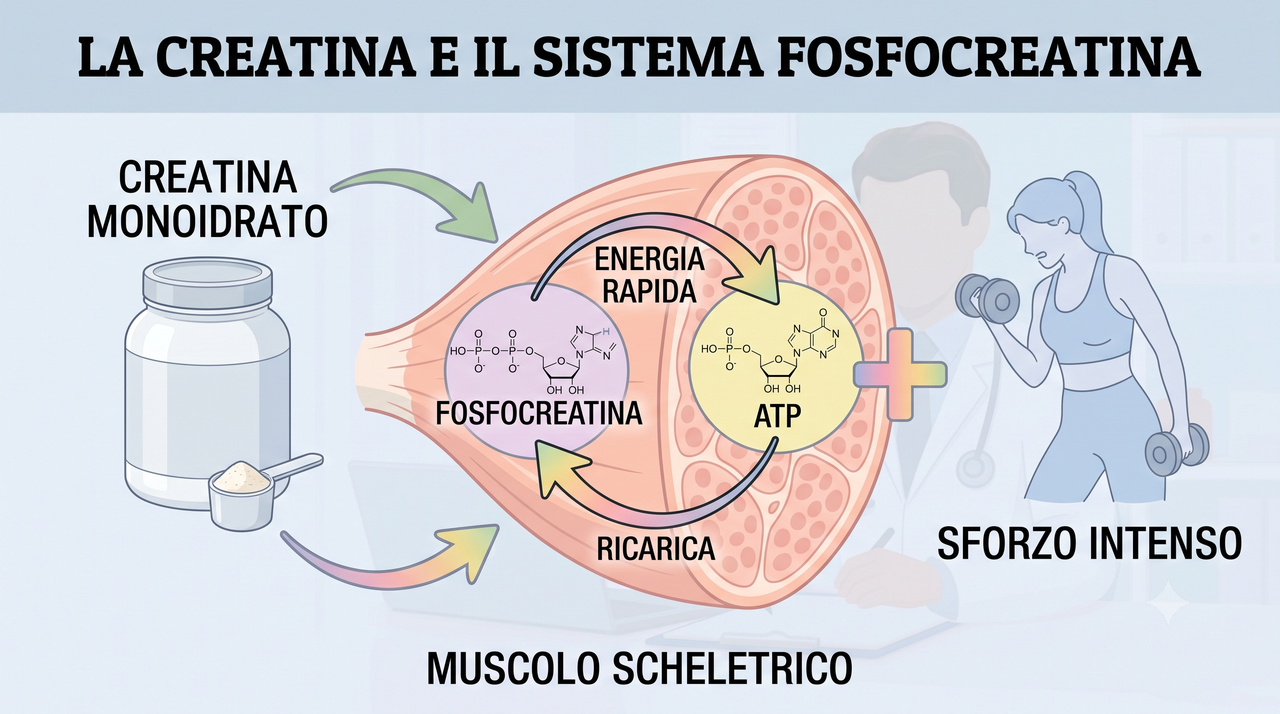Il sistema fosfocreatina nel muscolo scheletrico: la creatina monoidrato aumenta le riserve di fosfocreatina che rigenerano ATP durante lo sforzo intenso