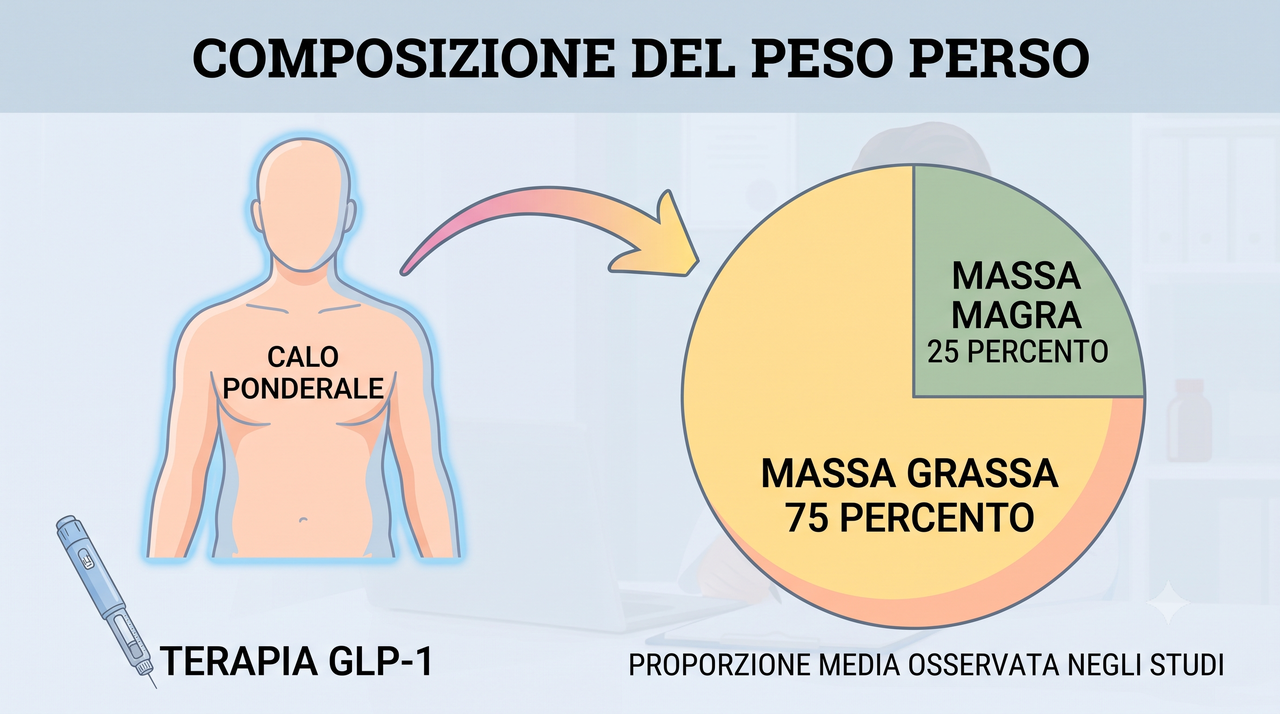 Composizione del peso perso durante la terapia con GLP-1: circa il 75 per cento e massa grassa e circa il 25 per cento massa magra